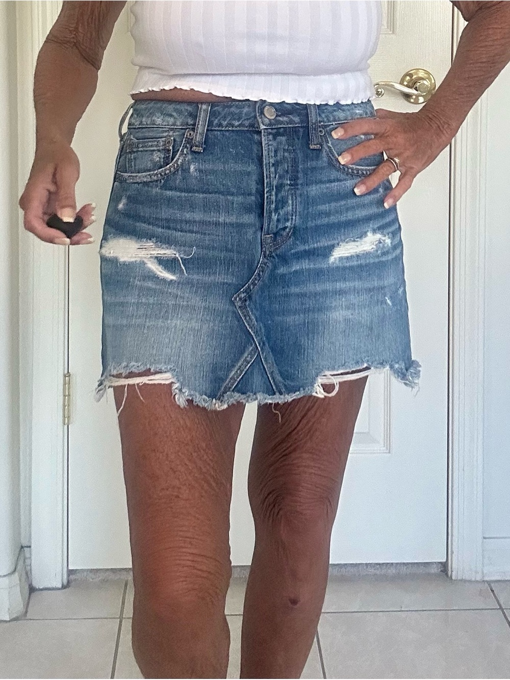American Eagle Outfitters Distressed Blue Denim Mini Skirt Hi-rise Festival 4